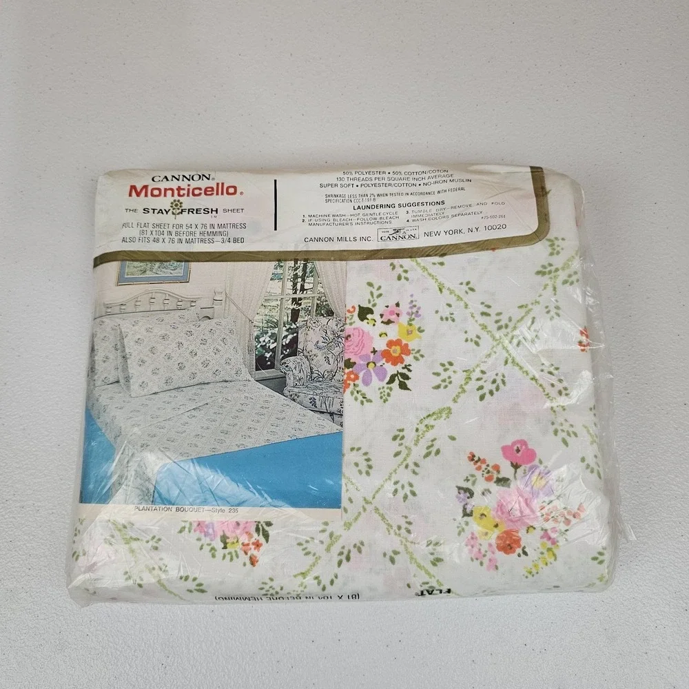 NOS Vtg Cannon Monticello Full Flat Sheet Plantation Bouquet 50/50 Muslin